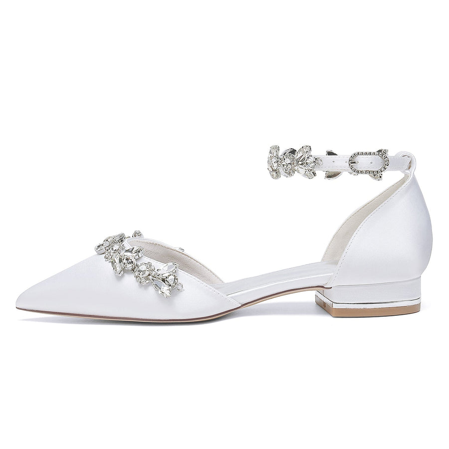 Damen Seidensatin mit Strass Knöchelriemen Flacher Absatz Geschlossene Zehen Partyschuhe
