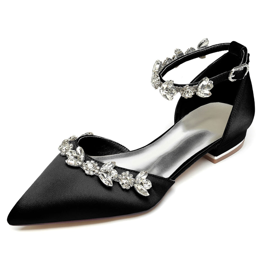 Damen Seidensatin mit Strass Knöchelriemen Flacher Absatz Geschlossene Zehen Partyschuhe