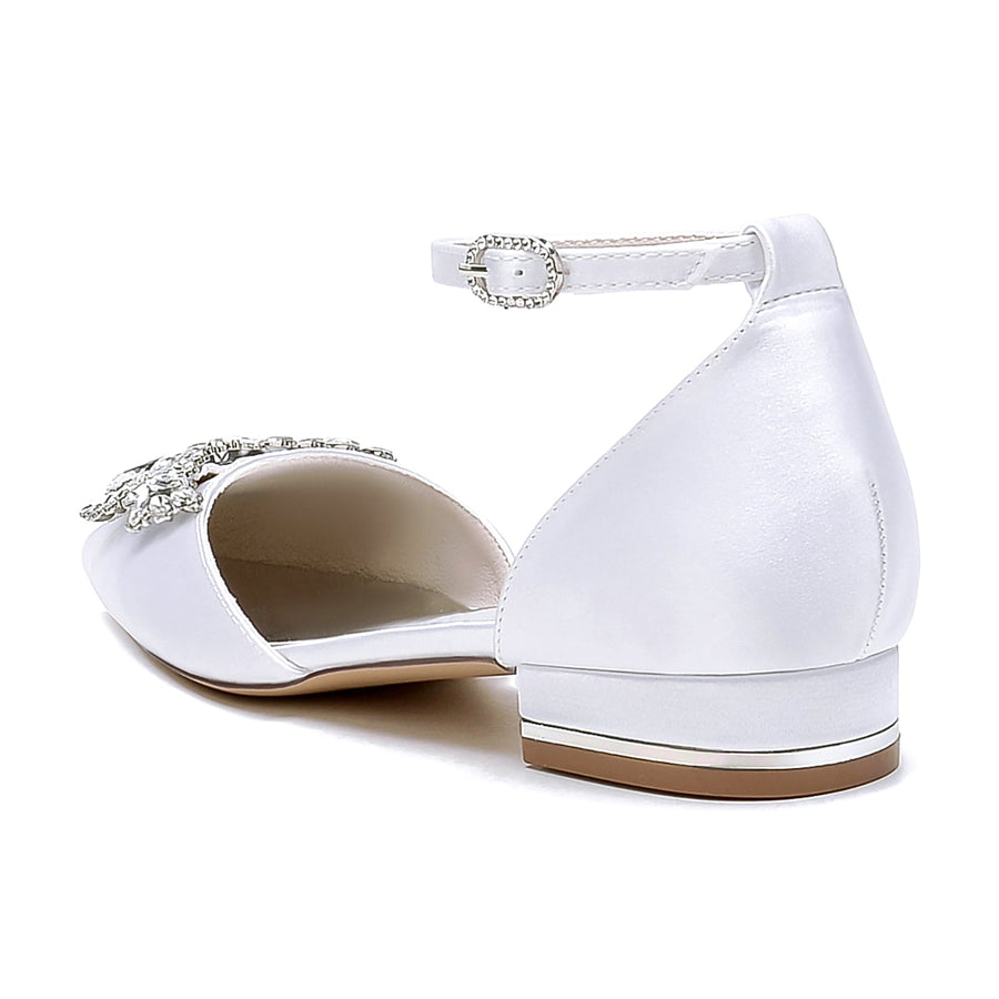 Damen Flacher Absatz Seidensatin Mit Knöchelriemen Blume Geschlossene Zehen Hochzeitsschuhe