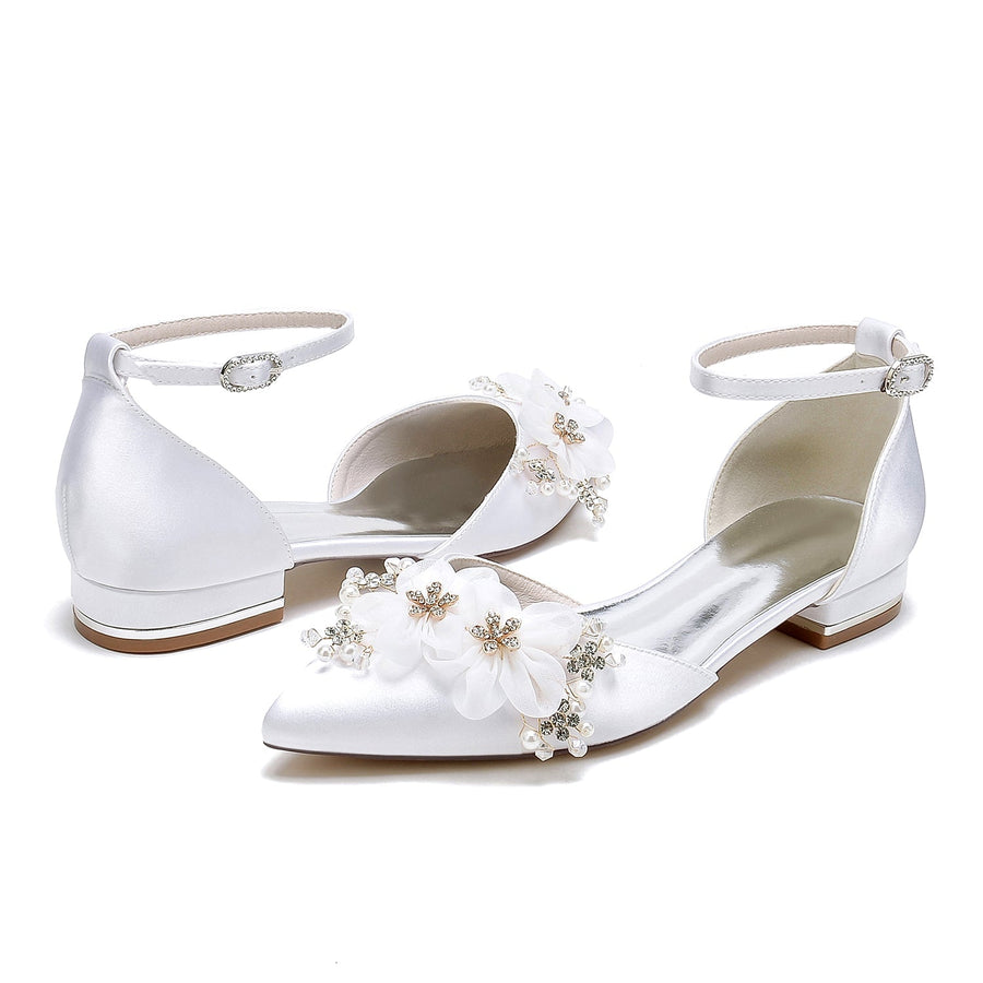 Damen Flacher Absatz Seidensatin Mit Knöchelriemen Blume Geschlossene Zehen Hochzeitsschuhe