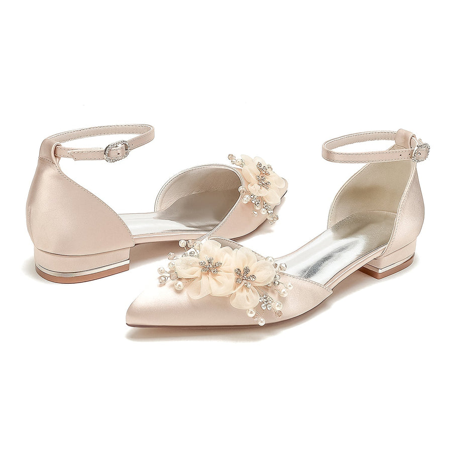 Damen Flacher Absatz Seidensatin Mit Knöchelriemen Blume Geschlossene Zehen Hochzeitsschuhe