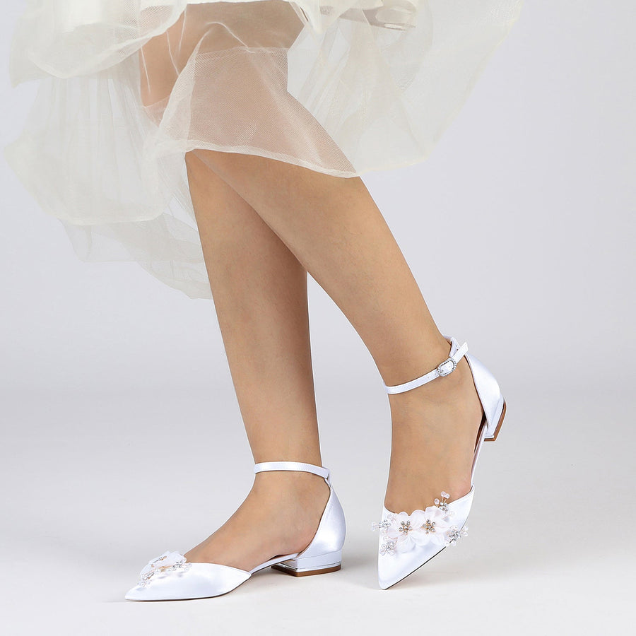 Damen Flacher Absatz Seidensatin Mit Knöchelriemen Blume Geschlossene Zehen Hochzeitsschuhe