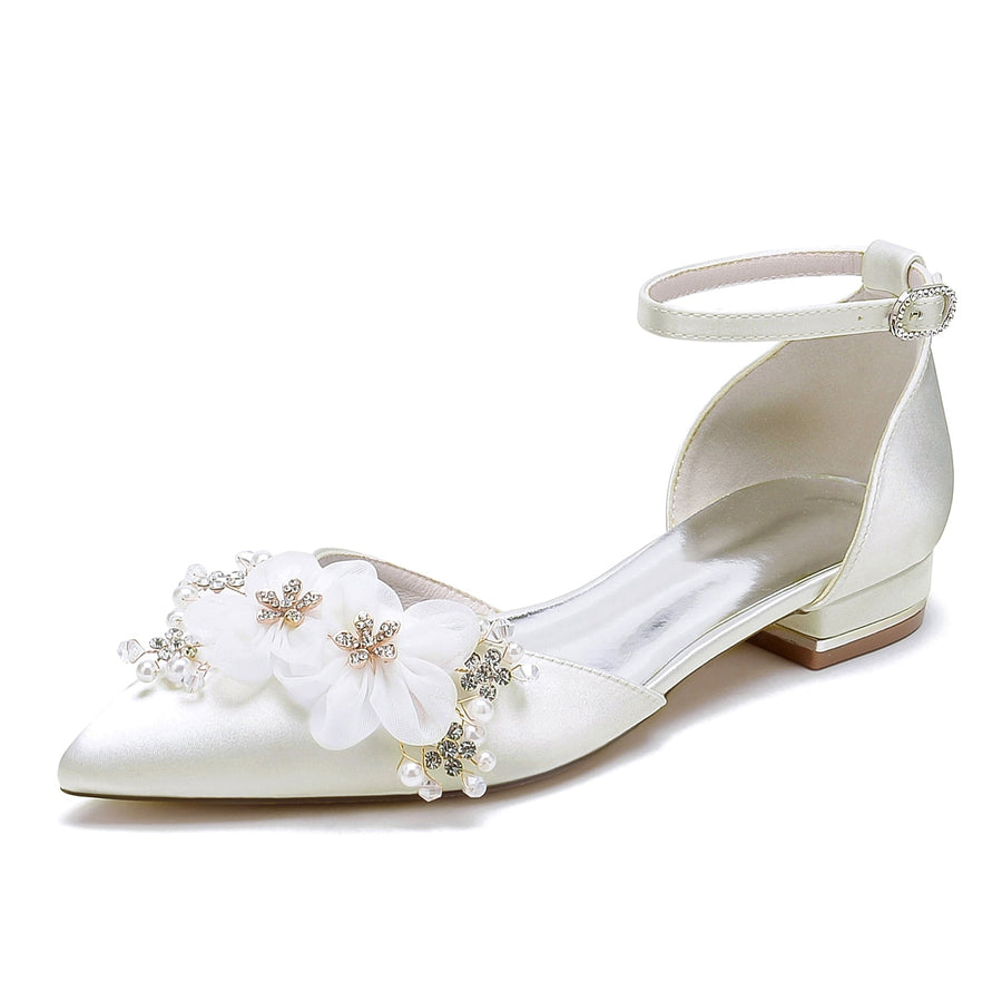 Damen Flacher Absatz Seidensatin Mit Knöchelriemen Blume Geschlossene Zehen Hochzeitsschuhe