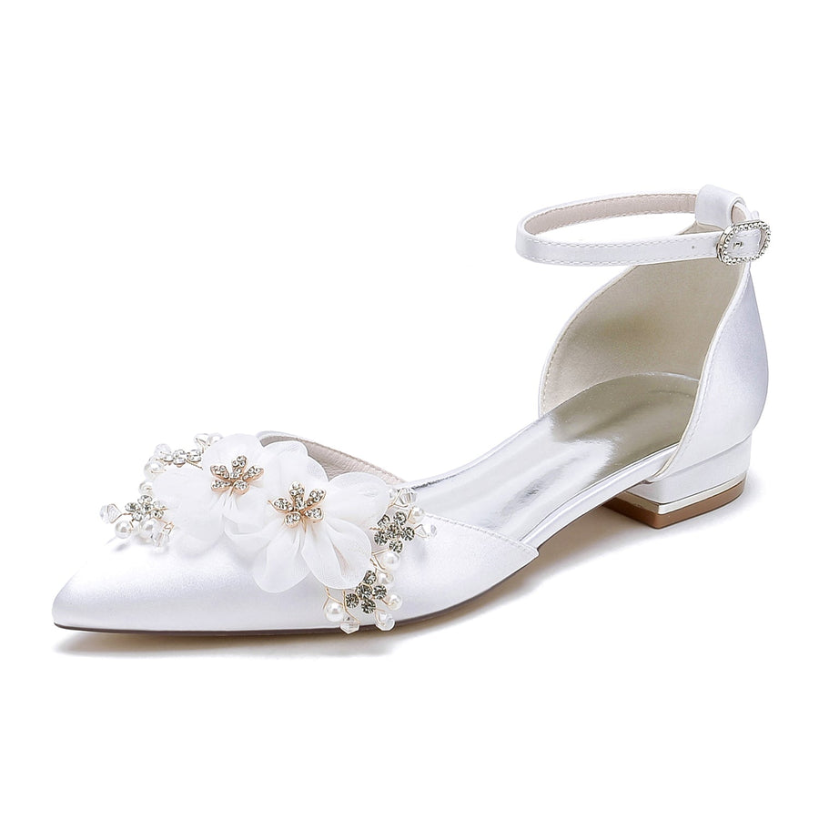 Damen Flacher Absatz Seidensatin Mit Knöchelriemen Blume Geschlossene Zehen Hochzeitsschuhe