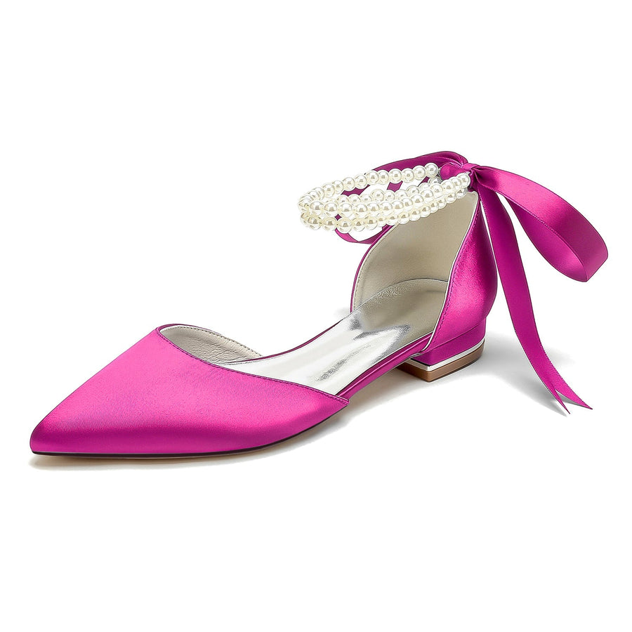 Damen Seidensatin mit Knöchelriemen, Schnürung, Perlen, geschlossene Zehenpartie, flacher Absatz, Abendschuhe