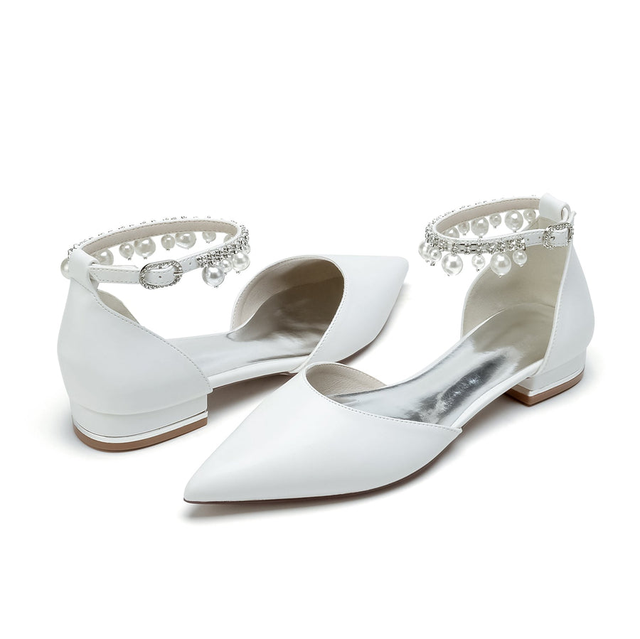 Damen PU mit Perlen Strass Knöchelriemen Quaste Geschlossene Zehen Flacher Absatz Abendschuhe