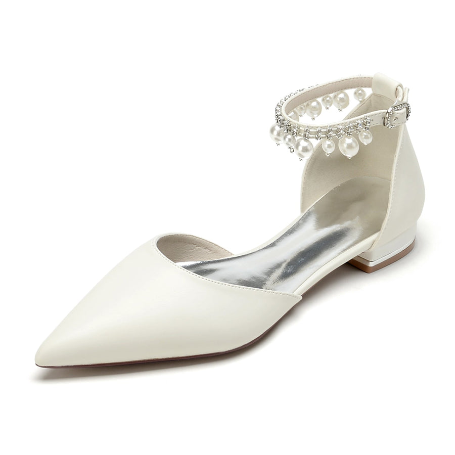 Damen PU mit Perlen Strass Knöchelriemen Quaste Geschlossene Zehen Flacher Absatz Abendschuhe