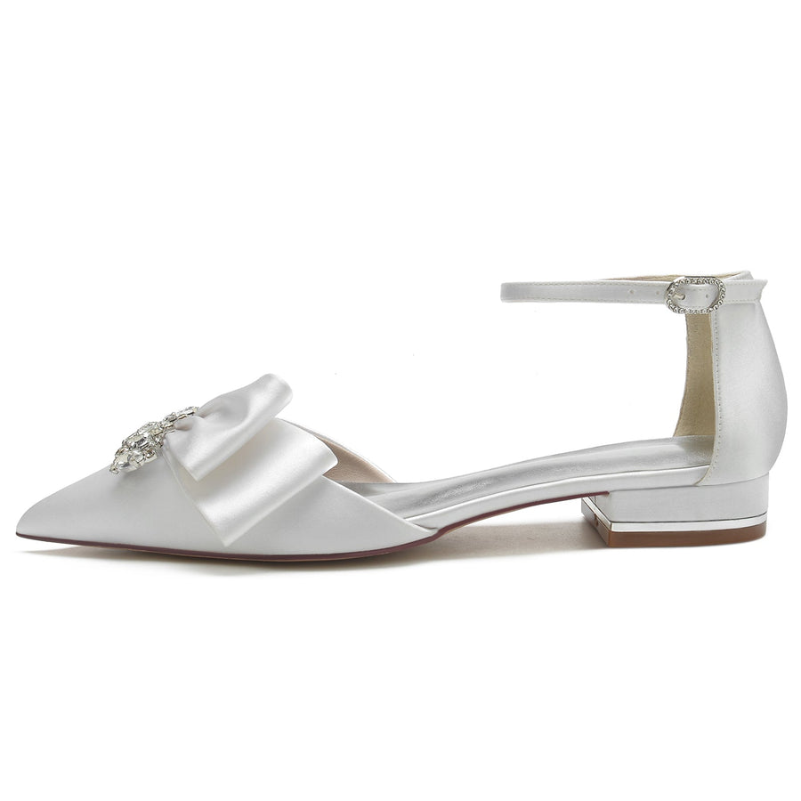 Damen Knöchelriemen Strass Seidensatin Mit Geschlossener Spitze Flachem Absatz Hochzeitsschuhe