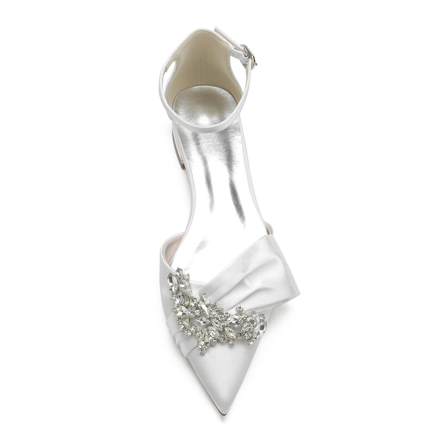 Damen Knöchelriemen Strass Seidensatin Mit Geschlossener Spitze Flachem Absatz Hochzeitsschuhe