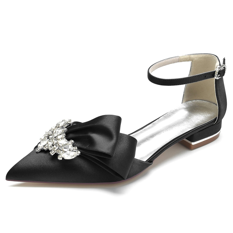 Damen Knöchelriemen Strass Seidensatin Mit Geschlossener Spitze Flachem Absatz Hochzeitsschuhe