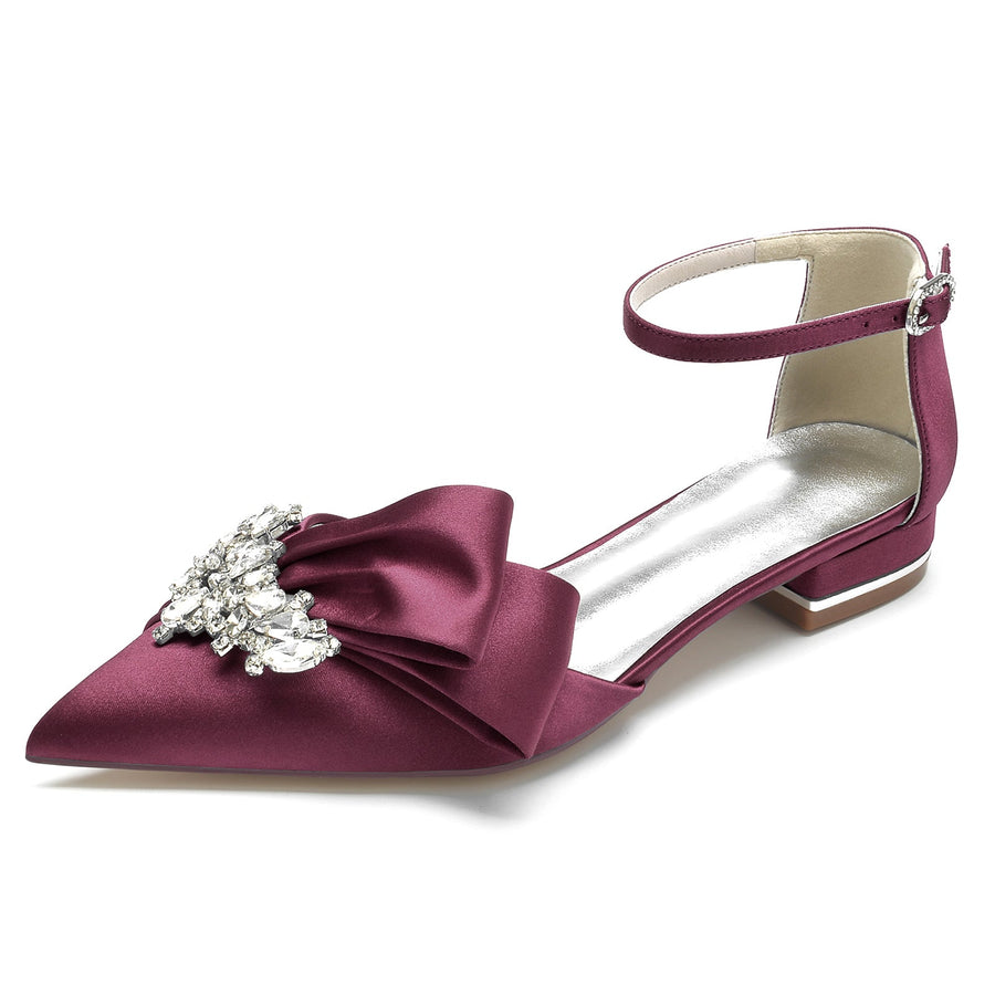 Damen Knöchelriemen Strass Seidensatin Mit Geschlossener Spitze Flachem Absatz Hochzeitsschuhe