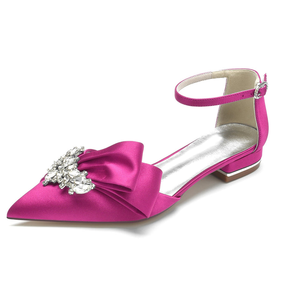 Damen Knöchelriemen Strass Seidensatin Mit Geschlossener Spitze Flachem Absatz Hochzeitsschuhe