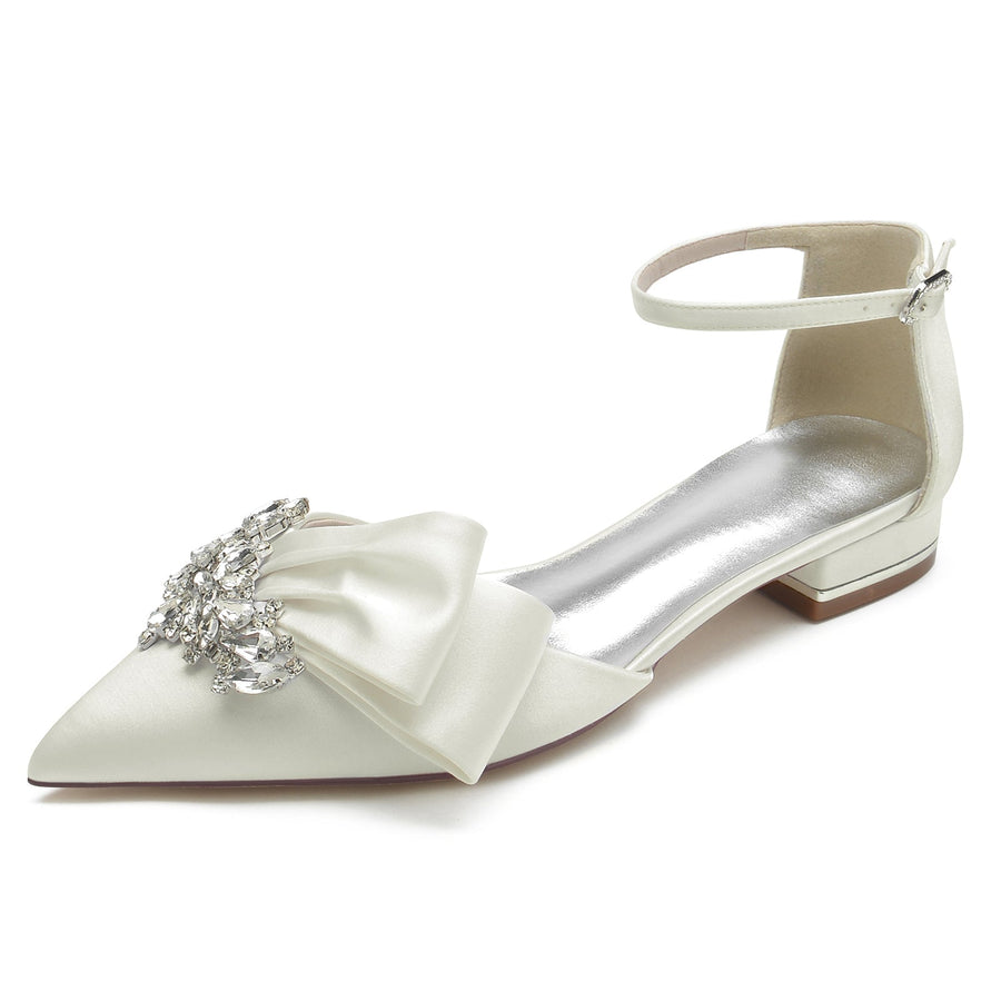 Damen Knöchelriemen Strass Seidensatin Mit Geschlossener Spitze Flachem Absatz Hochzeitsschuhe