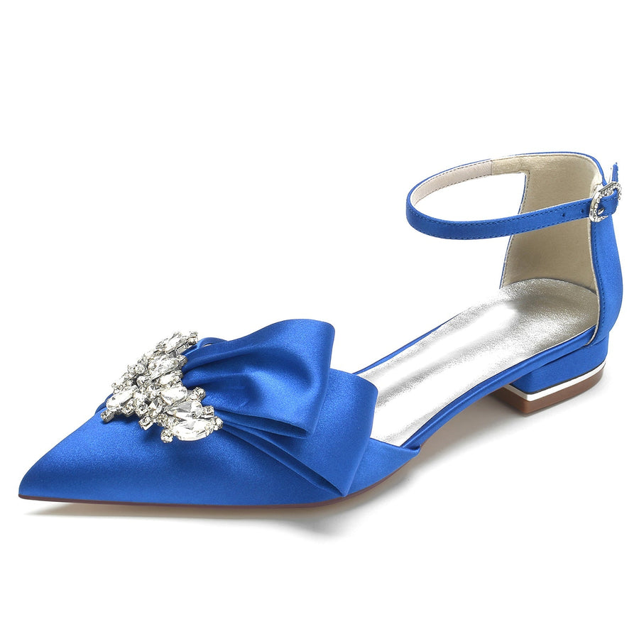 Damen Knöchelriemen Strass Seidensatin Mit Geschlossener Spitze Flachem Absatz Hochzeitsschuhe