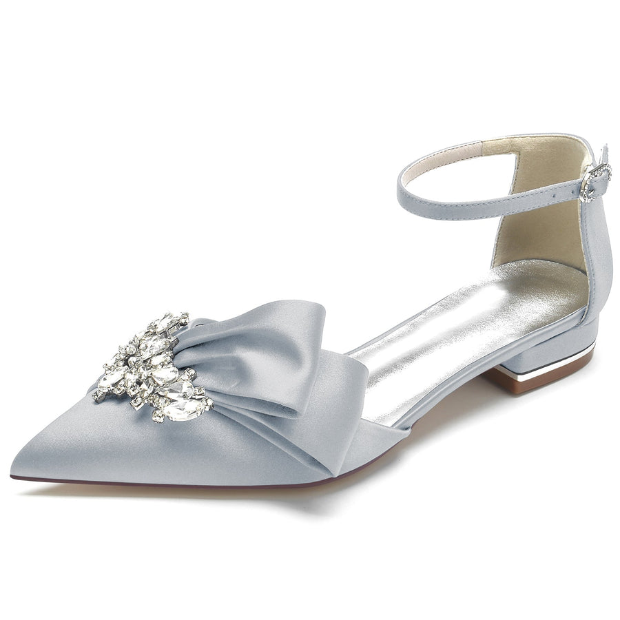 Damen Knöchelriemen Strass Seidensatin Mit Geschlossener Spitze Flachem Absatz Hochzeitsschuhe
