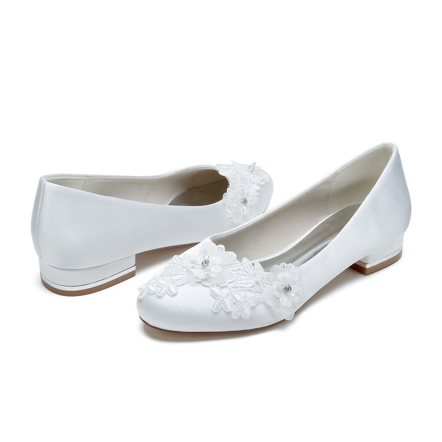 Damen Seidensatin mit geschlossener Spitze Blumen Flacher Absatz Abendschuhe