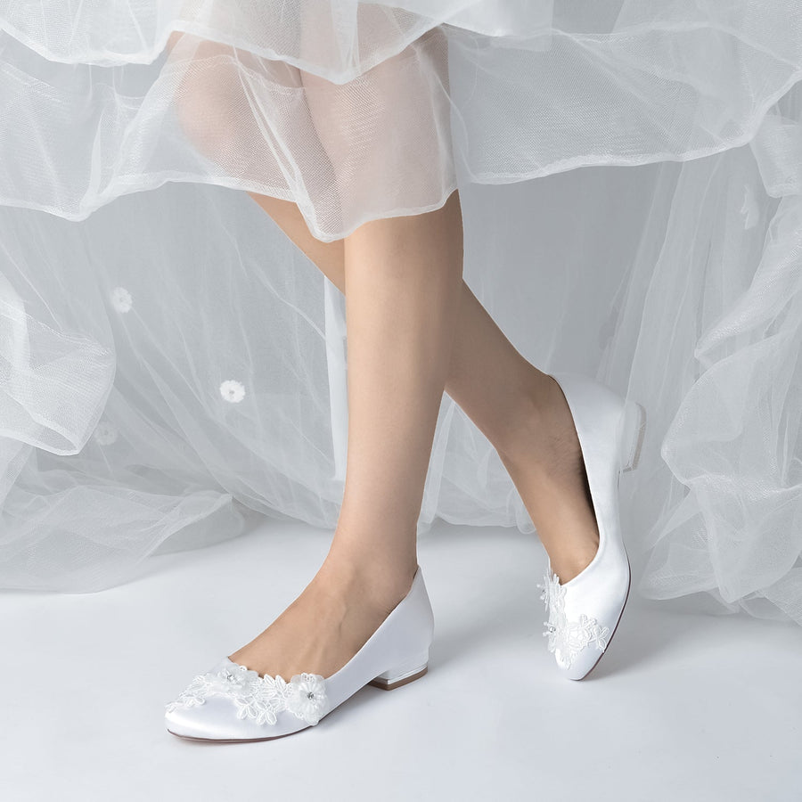Damen Seidensatin mit geschlossener Spitze Blumen Flacher Absatz Abendschuhe
