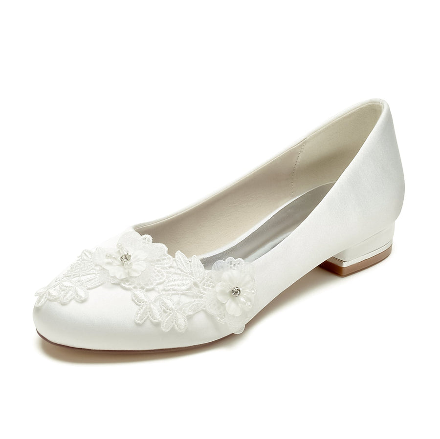 Damen Seidensatin mit geschlossener Spitze Blumen Flacher Absatz Abendschuhe