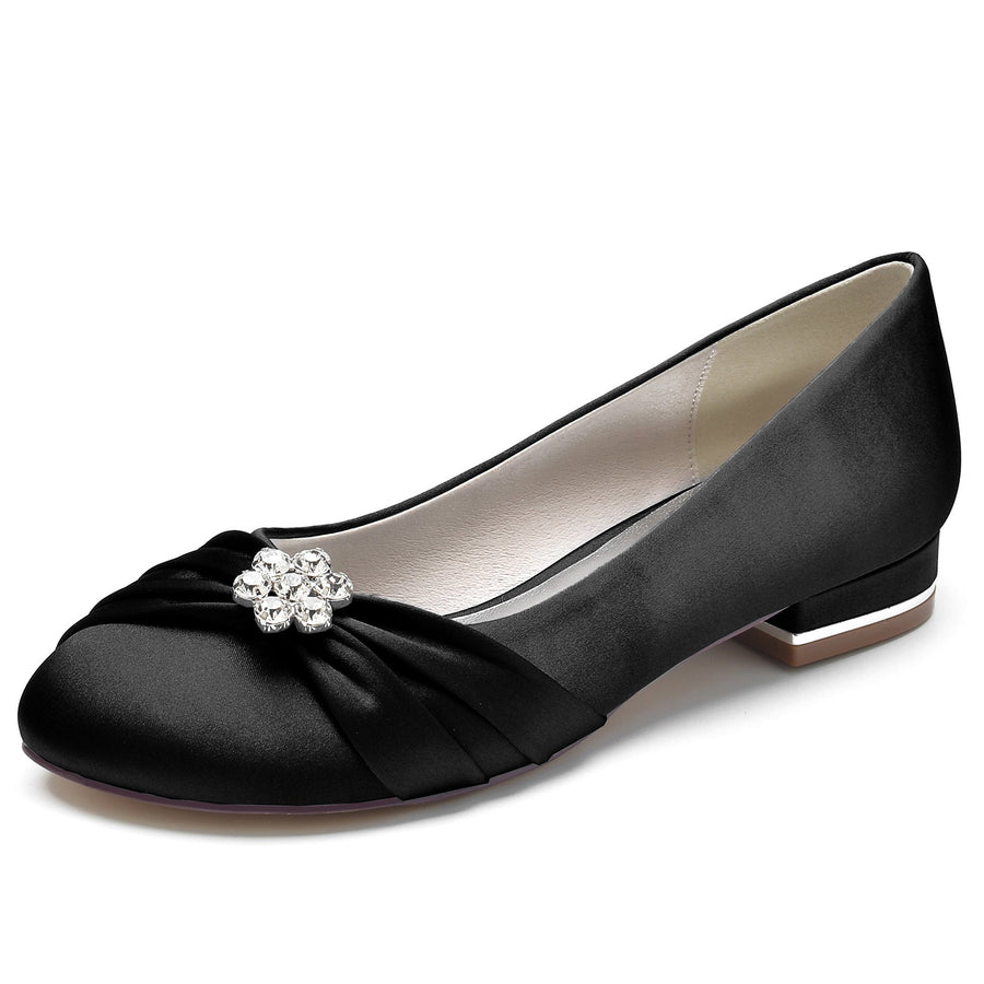 Damen Seidensatin mit Perlen, Blumen, Strass, geschlossene Zehenpartie, flacher Absatz, Partyschuhe