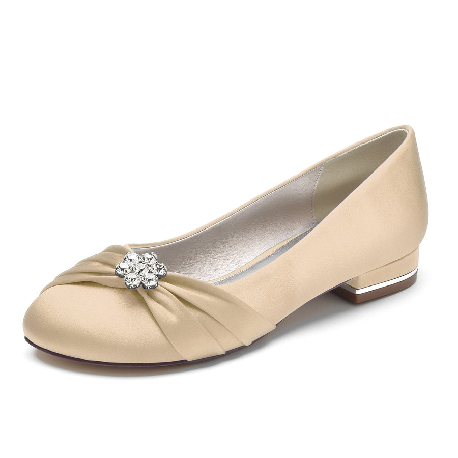 Damen Seidensatin mit Perlen, Blumen, Strass, geschlossene Zehenpartie, flacher Absatz, Partyschuhe