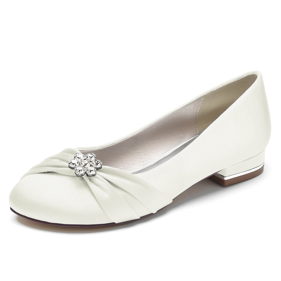 Damen Seidensatin mit Perlen, Blumen, Strass, geschlossene Zehenpartie, flacher Absatz, Partyschuhe