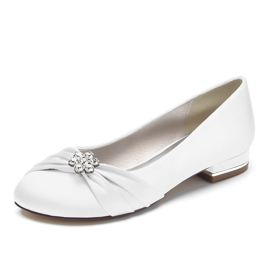 Damen Seidensatin mit Perlen, Blumen, Strass, geschlossene Zehenpartie, flacher Absatz, Partyschuhe