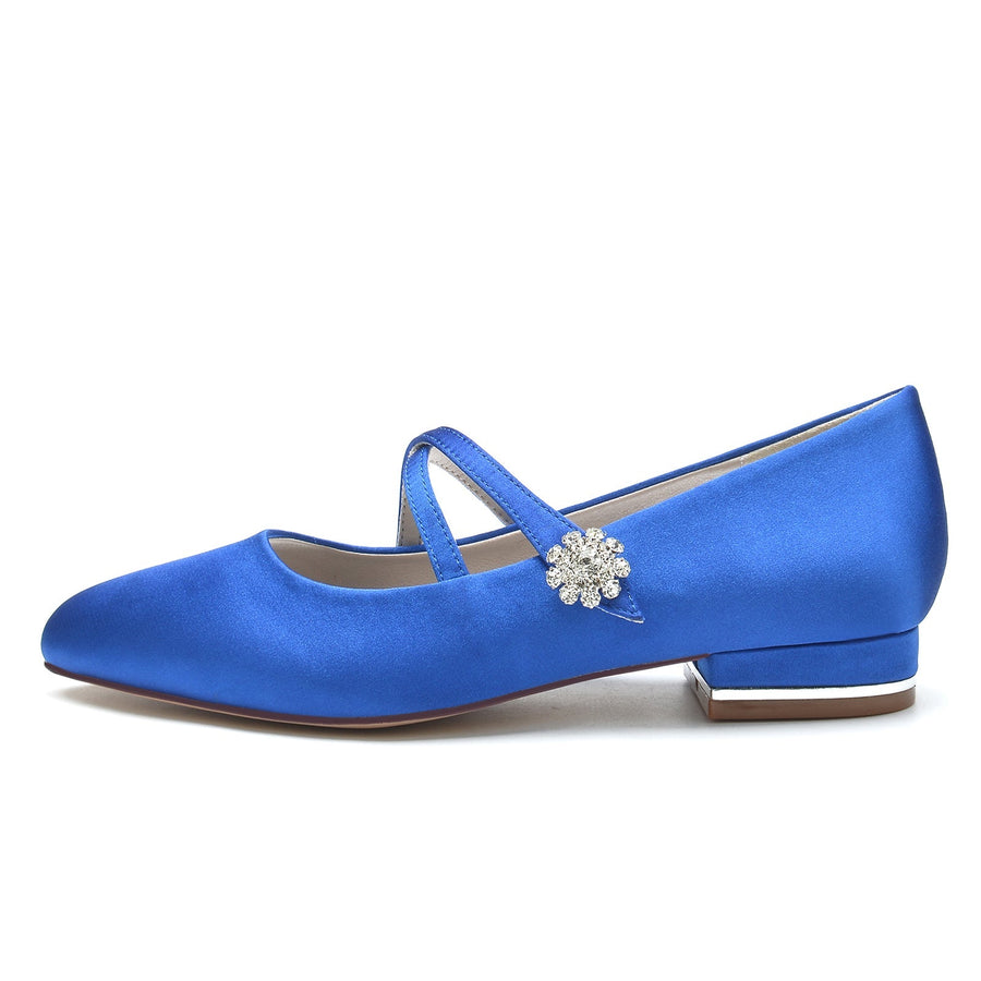 Damen Seidensatin mit Blumen Strass Geschlossene Zehe Flacher Absatz Hochzeitsschuhe