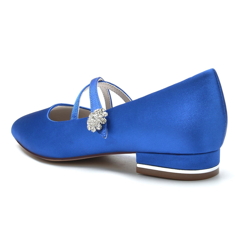 Damen Seidensatin mit Blumen Strass Geschlossene Zehe Flacher Absatz Hochzeitsschuhe