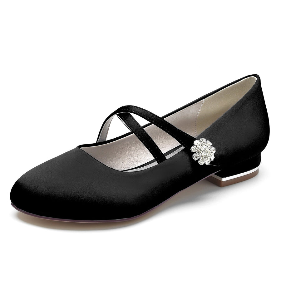 Damen Seidensatin mit Blumen Strass Geschlossene Zehe Flacher Absatz Hochzeitsschuhe
