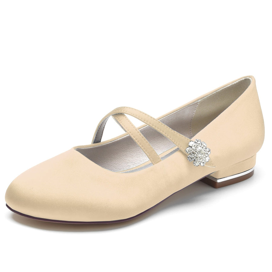 Damen Seidensatin mit Blumen Strass Geschlossene Zehe Flacher Absatz Hochzeitsschuhe