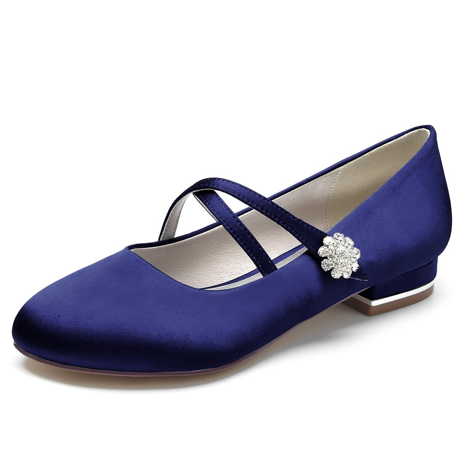 Damen Seidensatin mit Blumen Strass Geschlossene Zehe Flacher Absatz Hochzeitsschuhe