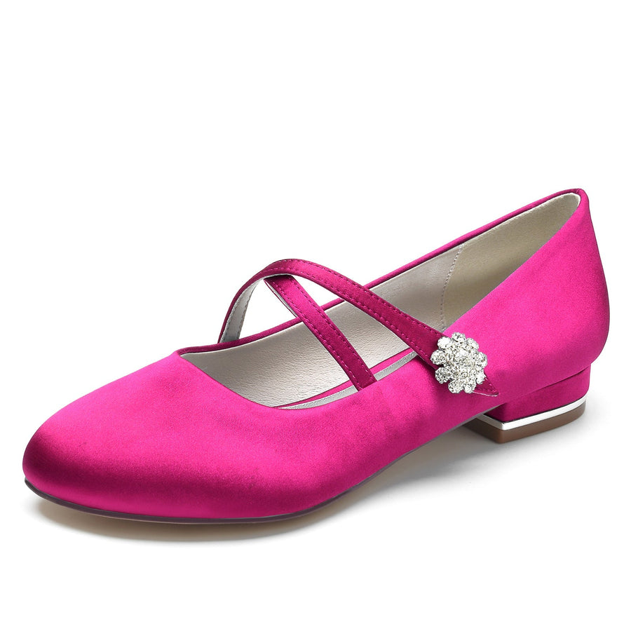 Damen Seidensatin mit Blumen Strass Geschlossene Zehe Flacher Absatz Hochzeitsschuhe