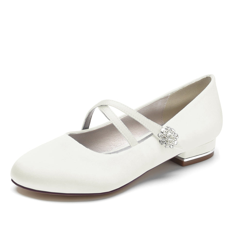 Damen Seidensatin mit Blumen Strass Geschlossene Zehe Flacher Absatz Hochzeitsschuhe