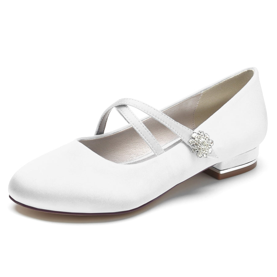 Damen Seidensatin mit Blumen Strass Geschlossene Zehe Flacher Absatz Hochzeitsschuhe