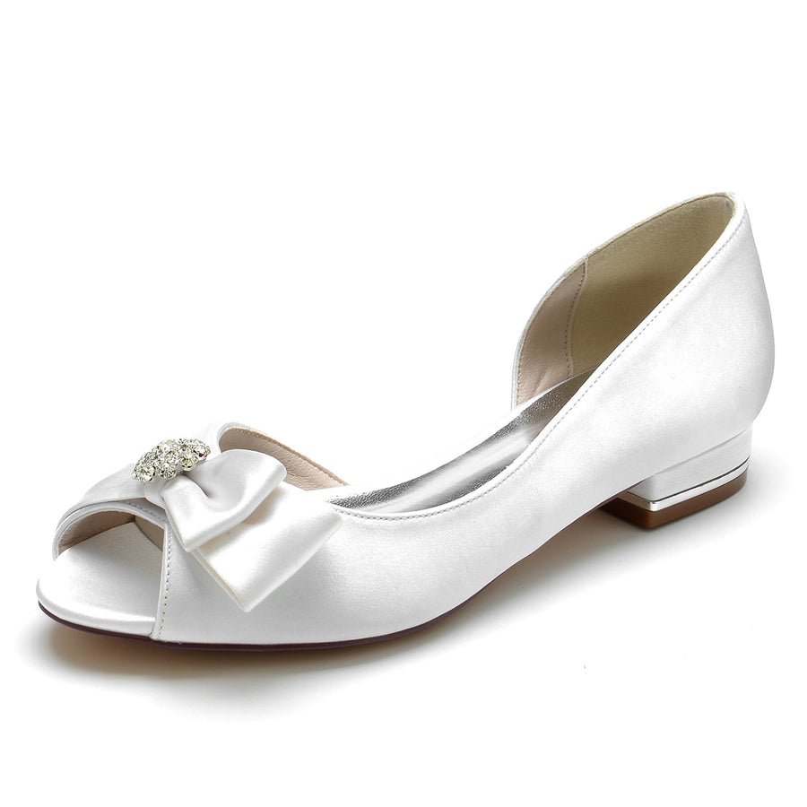 Damen Seidensatin mit Blumen Strass Peep Toe Flacher Absatz Hochzeitsschuhe