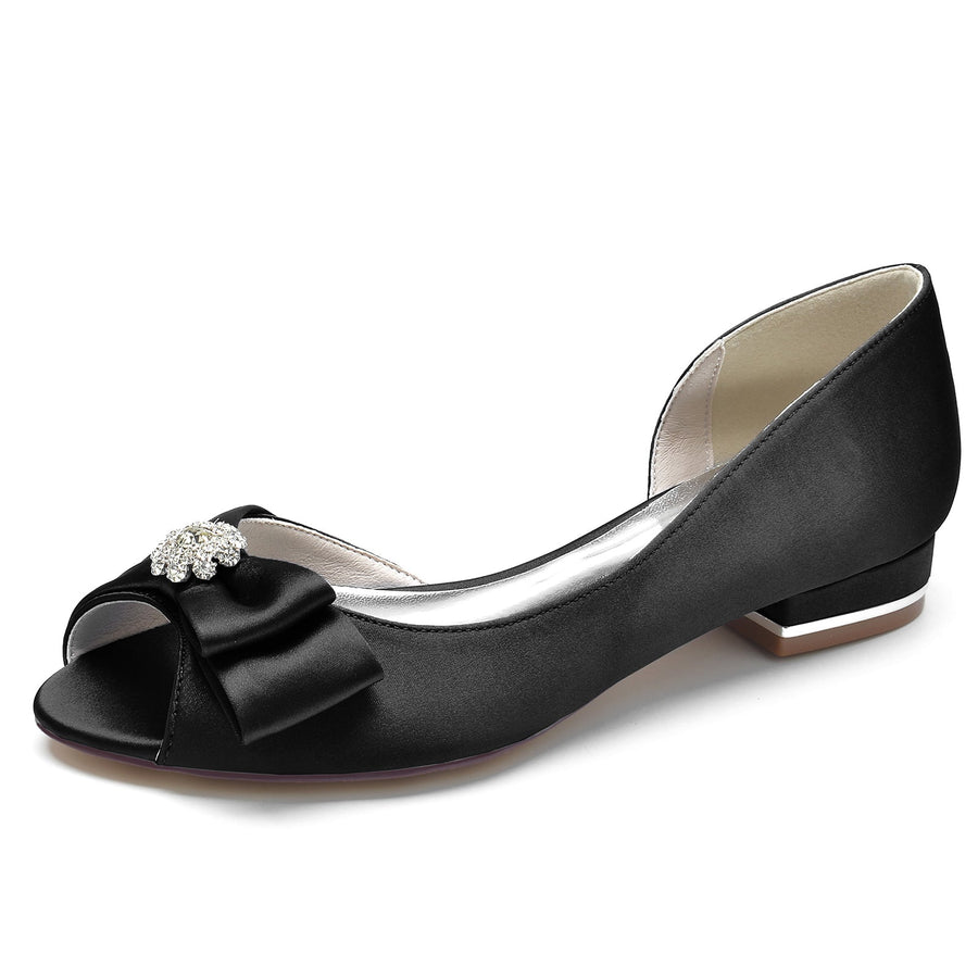 Damen Seidensatin mit Blumen Strass Peep Toe Flacher Absatz Hochzeitsschuhe