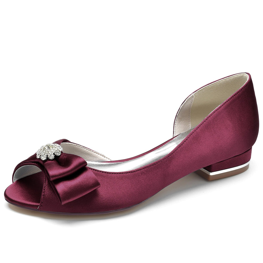 Damen Seidensatin mit Blumen Strass Peep Toe Flacher Absatz Hochzeitsschuhe