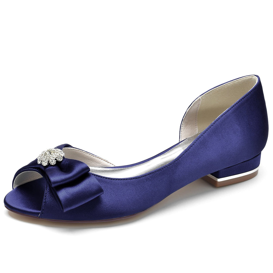 Damen Seidensatin mit Blumen Strass Peep Toe Flacher Absatz Hochzeitsschuhe