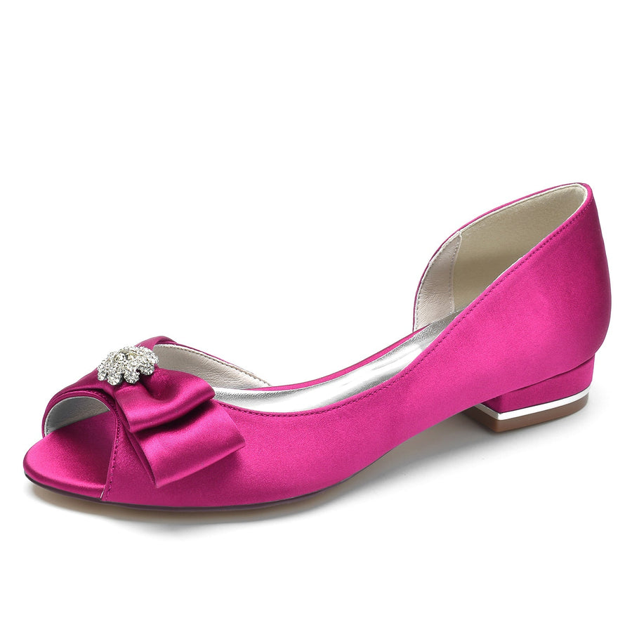 Damen Seidensatin mit Blumen Strass Peep Toe Flacher Absatz Hochzeitsschuhe