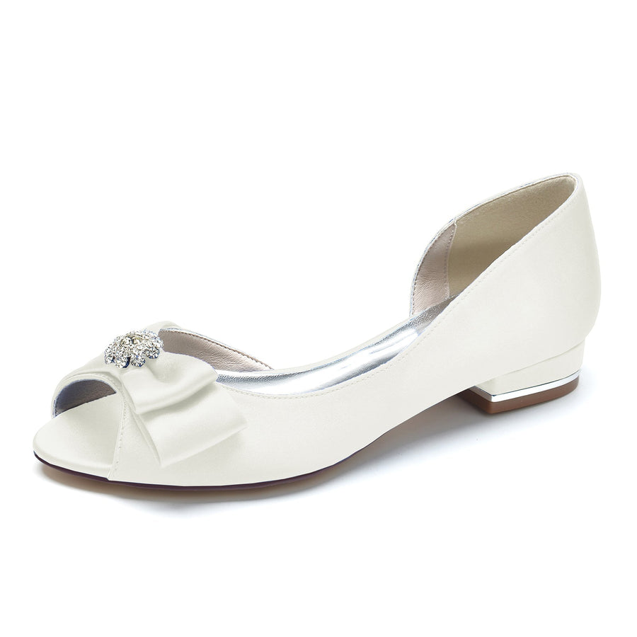 Damen Seidensatin mit Blumen Strass Peep Toe Flacher Absatz Hochzeitsschuhe