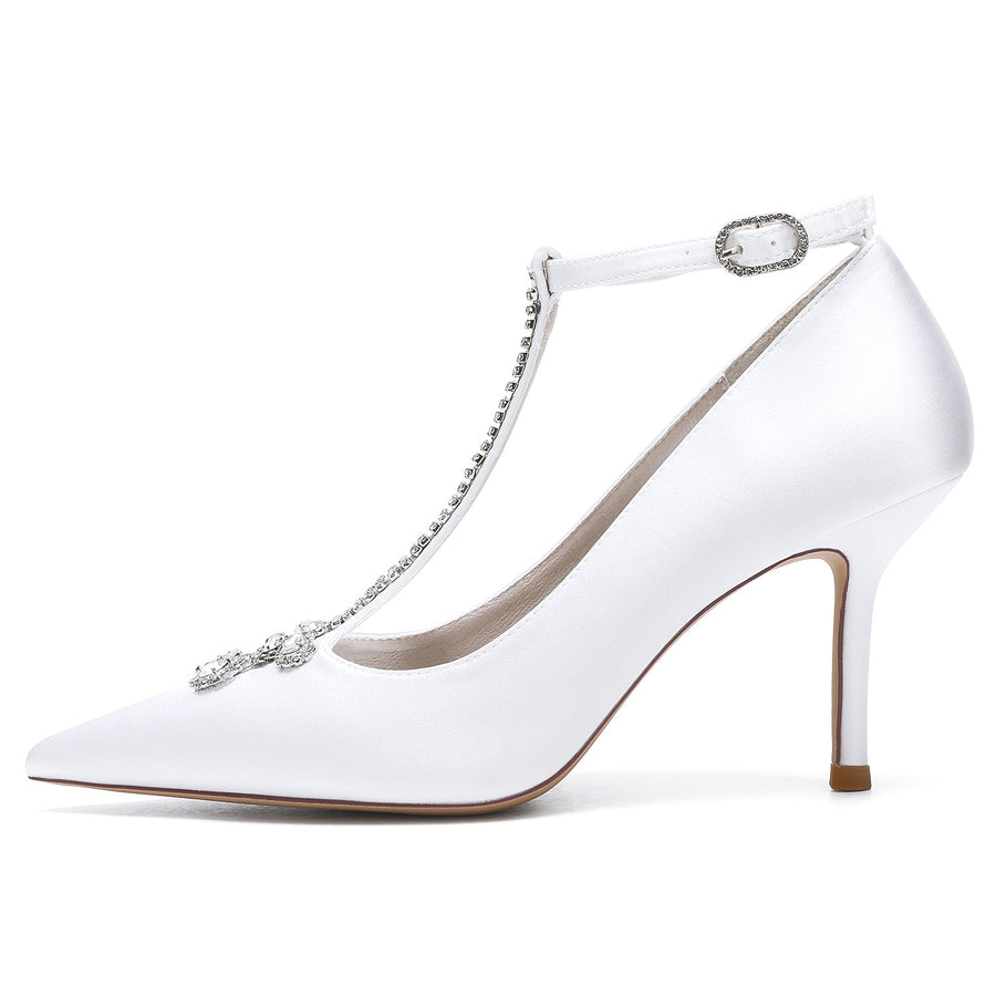 Damen Abendschuhe aus Seidensatin mit Knöchelriemen und Strasssteinen, geschlossene Zehenpartie, Stilettoabsatz