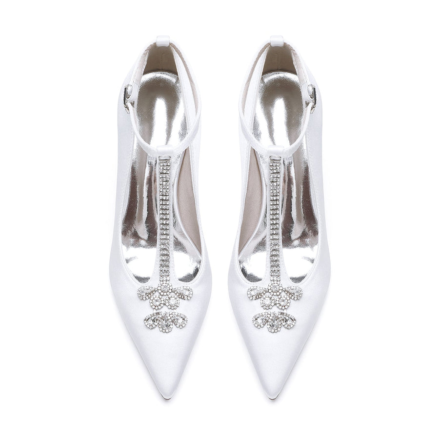 Damen Abendschuhe aus Seidensatin mit Knöchelriemen und Strasssteinen, geschlossene Zehenpartie, Stilettoabsatz
