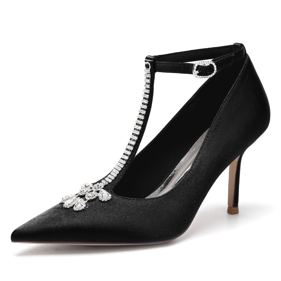 Damen Abendschuhe aus Seidensatin mit Knöchelriemen und Strasssteinen, geschlossene Zehenpartie, Stilettoabsatz