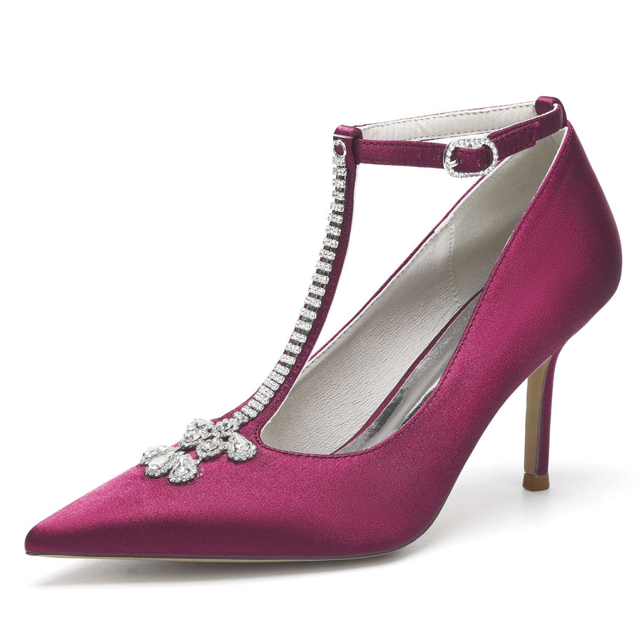 Damen Abendschuhe aus Seidensatin mit Knöchelriemen und Strasssteinen, geschlossene Zehenpartie, Stilettoabsatz