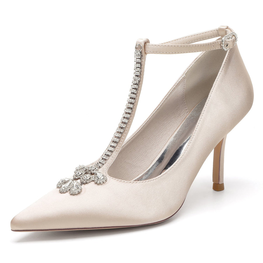 Damen Abendschuhe aus Seidensatin mit Knöchelriemen und Strasssteinen, geschlossene Zehenpartie, Stilettoabsatz