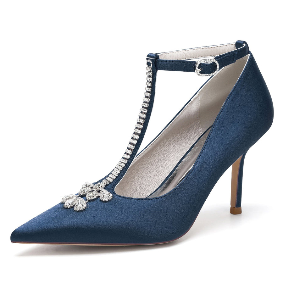 Damen Abendschuhe aus Seidensatin mit Knöchelriemen und Strasssteinen, geschlossene Zehenpartie, Stilettoabsatz