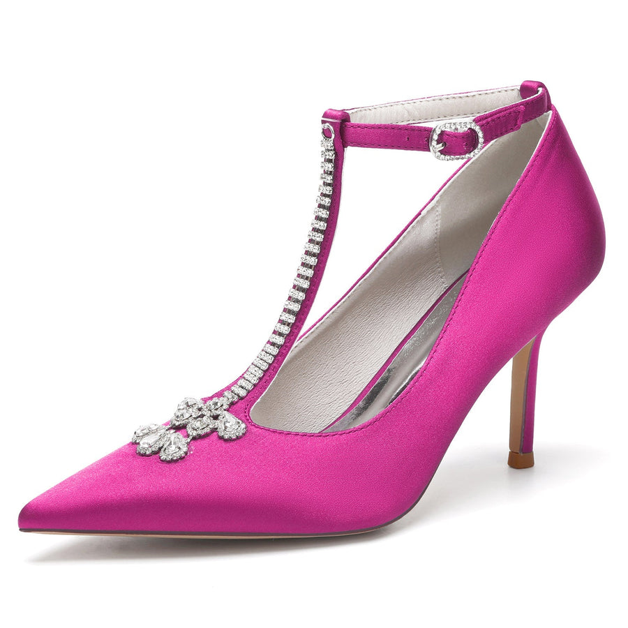 Damen Abendschuhe aus Seidensatin mit Knöchelriemen und Strasssteinen, geschlossene Zehenpartie, Stilettoabsatz