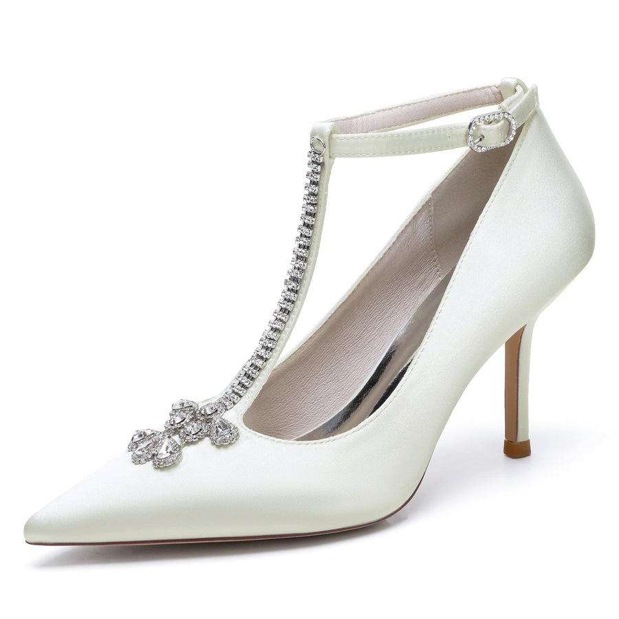 Damen Abendschuhe aus Seidensatin mit Knöchelriemen und Strasssteinen, geschlossene Zehenpartie, Stilettoabsatz