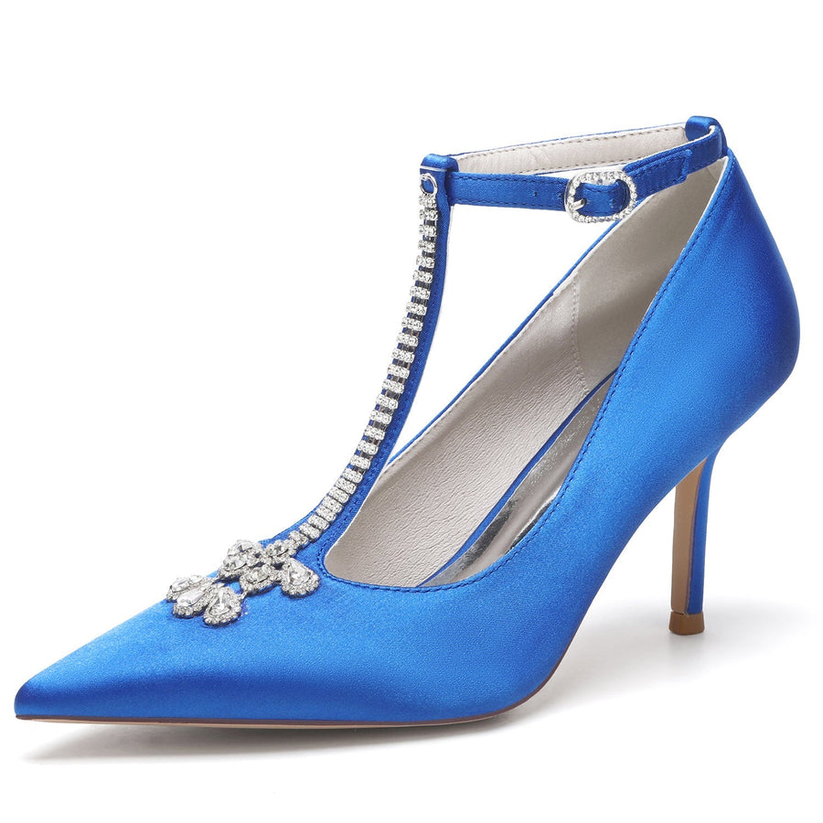 Damen Abendschuhe aus Seidensatin mit Knöchelriemen und Strasssteinen, geschlossene Zehenpartie, Stilettoabsatz
