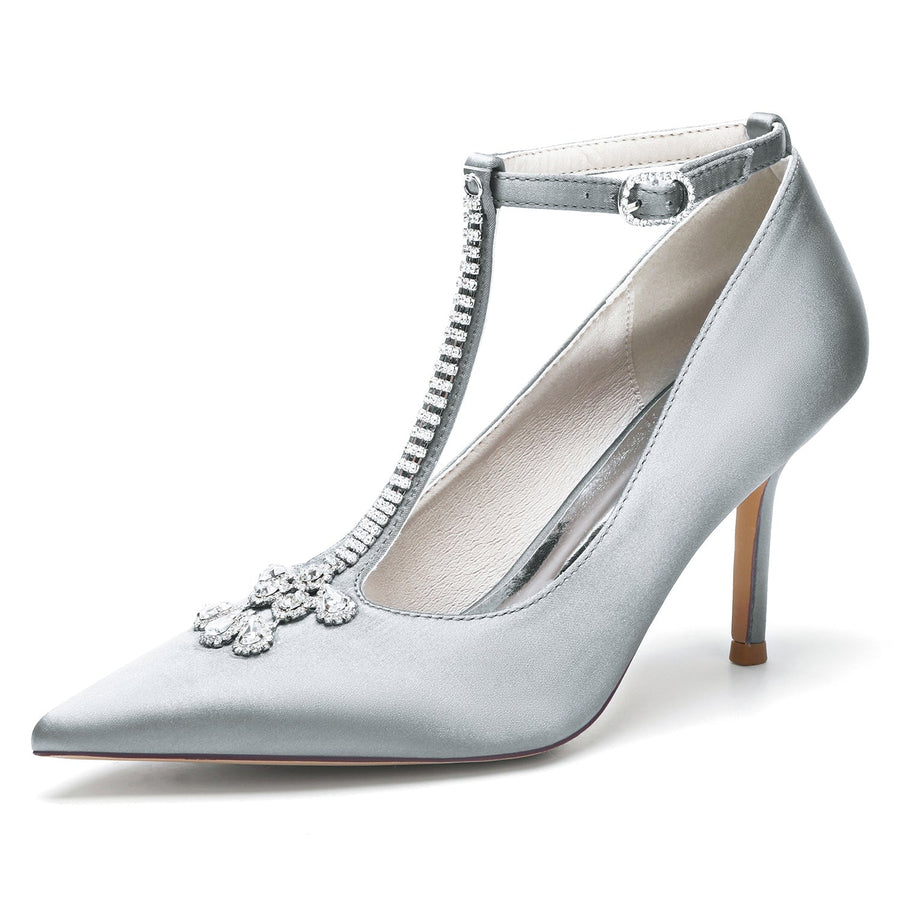 Damen Abendschuhe aus Seidensatin mit Knöchelriemen und Strasssteinen, geschlossene Zehenpartie, Stilettoabsatz